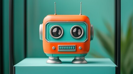 Fototapeta premium Retro robot toy on colorful display background