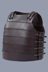 Brown Leather Medieval Torso Armor with Buckles. This brown leather cuirass features adjustable straps and brass buckles, providing torso protection.