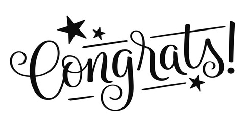 Congrats! black vector hand lettering banner with stars