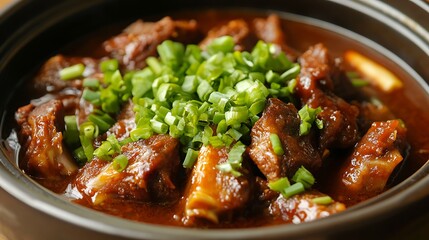 Delicious sticky pork ribs garnished with fresh green onions