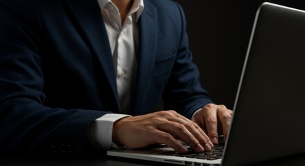 Businessman diligently typing on his laptop in a modern dark office setting
