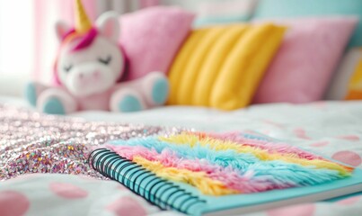 Obraz premium A whimsical and dreamy bedroom scene with a plush unicorn, a rainbow notebook, and soft pillows.