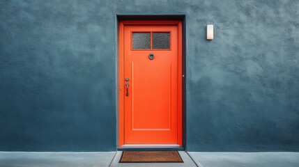 A vivid orange door set against a contrasting blue exterior wall