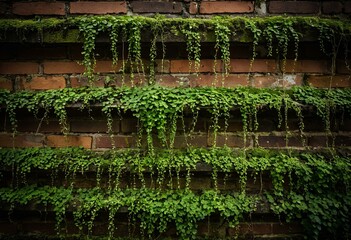 A brick wall covered in green ivy growing on it.