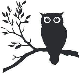 Silhouette of an owl perched on a tree branch with leaves, set against a white background.