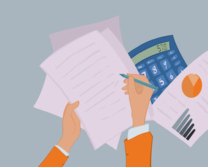 Illustration of hands holding documents and a calculator for financial analysis