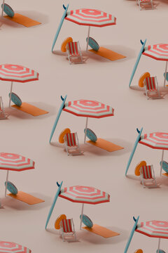 Pattern of beach umbrellas and deck chairs in a 3D render