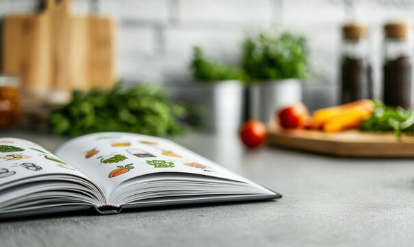 An open cookbook on a kitchen counter surrounded by fresh ingredients and herbs ready to use.