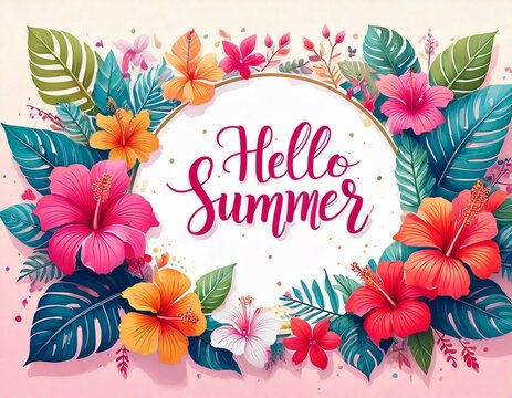 Ramka otoczona tropikalnymi kwiatami i liśćmi. Wewnątrz ramki napis "hello summer. Letnie, wakacyjne tło, grafika, ilustracja