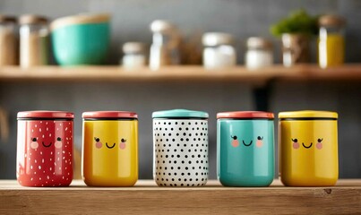 A playful kitchen scene showcases jars with smiling faces, in a line on a wooden shelf, ready for use.