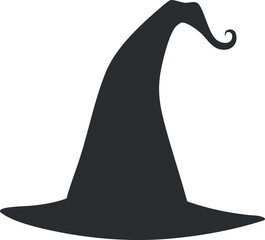 Silhouette of a pointed witch hat with a curved tip, perfect for Halloween designs.