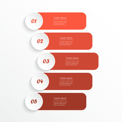 Step by step red infographic template with 5 options, parts or processes.
