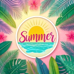 Ramka z napisem "summer" otoczona kwiatami i liśćmi tropikalnych roślin. Letnia, wakacyjna etykieta, grafika, plakat