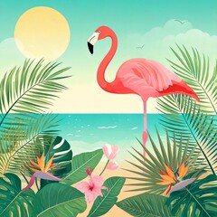 Wakacyjna, letnia grafika z morzem, słońcem, plażą, flamingiem i tropikalnymi roślinami