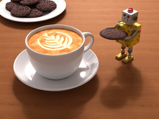 3D rendering of a robot serving a cookie next to a cup of coffee with latte art on a wooden table