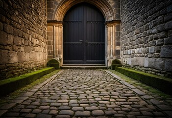 Fototapeta premium A stone building with a blue door in the middle of it.