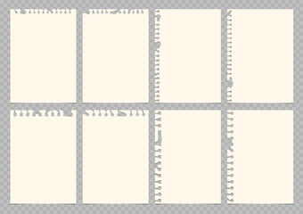 Set of torn lined and squared paper. Torn sheet of paper from a notebook with rough edges. Vector illustration of sticky notes and notebook pages for banners, posters, posts.
