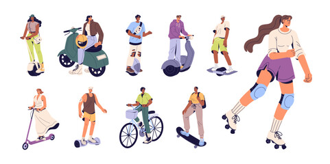 People with modern urban eco transport set. Young men and women ride on scooter, roller skates, skateboard, bicycle. Characters walk with bike, drive moped. Flat isolated vector illustrations on white