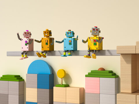 Colorful 3D rendered robots sitting on building blocks in a playful town setting