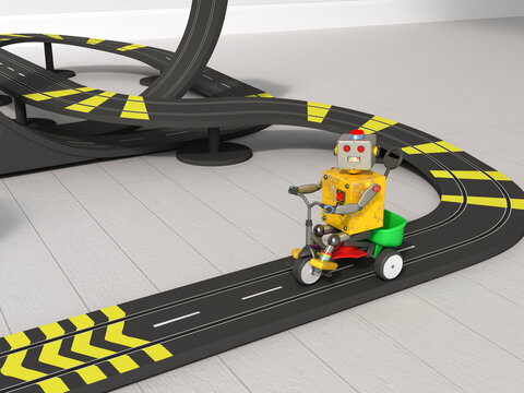 3D rendering of a toy robot on a tricycle on a race track indoors