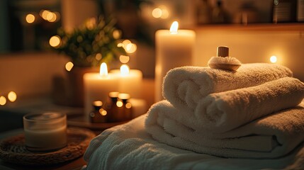 A facial massage area with plush white towels, essential oils, and soft lighting