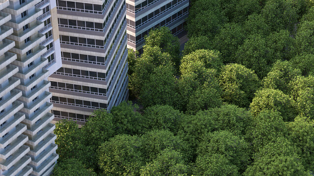 3D rendering of modern buildings integrated with lush green forest in an urban setting