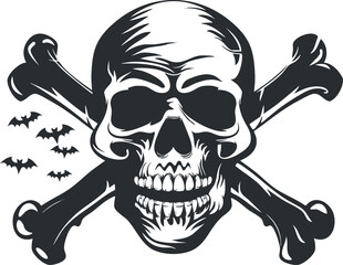 Black and white illustration of a skull with crossbones and bats, evoking a spooky theme.