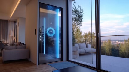 Fototapeta premium A modern residential elevator with digital interface is displayed indoors