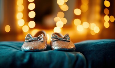 Glittering gold baby shoes with bows, illuminated by warm bokeh lights, ready for a little one.