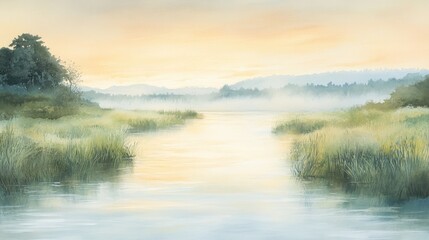 Fototapeta premium Serene river landscape at dawn with misty water and lush grass 