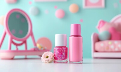Fototapeta premium Pink nail polish bottles, a delicate flower, and a vanity mirror, create a lovely scene.