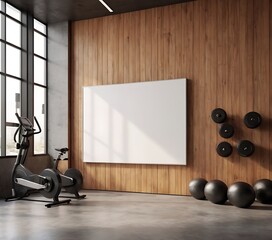 Large framed blank poster mockup in modern gym interior with wooden wall panels and concrete flooring. 3D Rendering,exercise, fitness, flooring, gym, poster, framed, interior, rendering,86