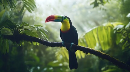 Fototapeta premium Keel-Billed Toucan Perched on a Branch in Lush Forest