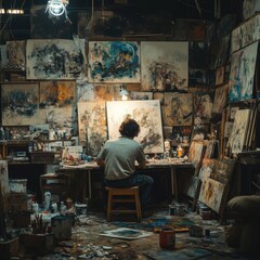Artist Creating Abstract Masterpiece in a Creative Studio Space