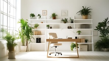 Modern Home Office With Abundant Plants And Natural Light