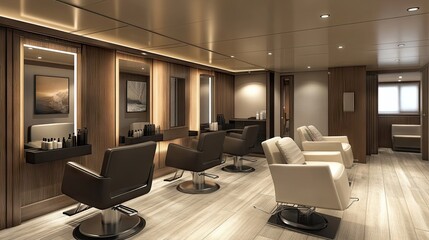 Fototapeta premium A well-lit hair salon interior featuring plush chairs and sleek styling tools