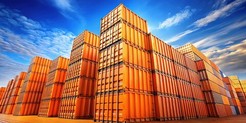 Fototapeta premium Stacked Orange Shipping Containers - Global Trade Logistics Background