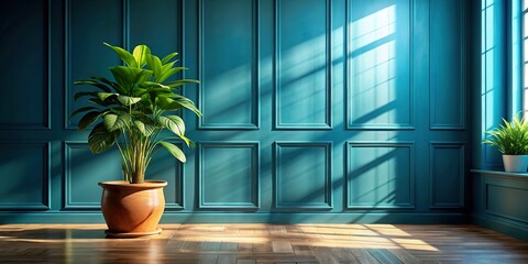 Fototapeta premium Sunlit Room, Blue Paneled Walls, Green Plant - Bright Interior Stock Photo