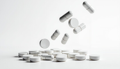Floating white capsules and tablets against white, minimalist design