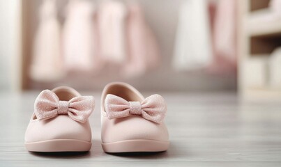 A pair of delicate pink baby shoes with bows are placed on a wooden surface.