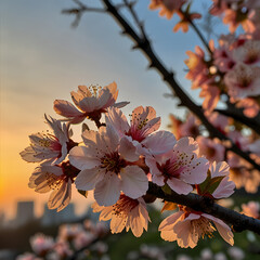pink cherry blossom closeup with sunset