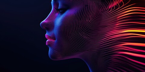 Obraz premium Pixelated profile Portrait in neon tones on a dark background. Showcasing Generative Art, visual effects.