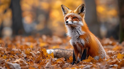 Fototapeta premium Stunning ultra-hd image of a red fox sitting among autumn leaves in a natural habitat setting