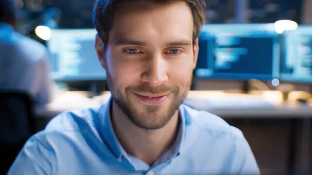 Confident young software developer working in a high-tech office environment, surrounded by multiple screens with code. Ideal for IT, programming, coding, and startup visuals

