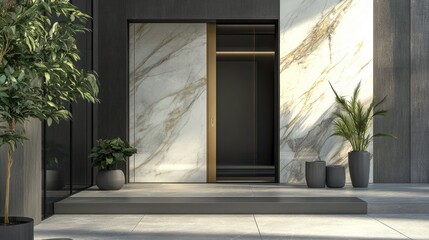 A modern luxurious entrance features marble and potted greenery