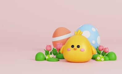 Cute baby chick with Easter eggs in grass and tulip flower in pastel background. The bright scene for Easter greetings concept. 3D render illustration.
