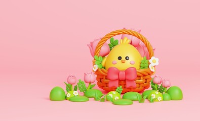 Cute baby chick and flower basket in grass and tulip flower. The bright scene for Happy Easter greetings concept. 3D render illustration.
