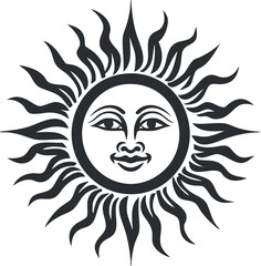 Black and white illustration of a sun with a smiling face and radiant sunburst design.