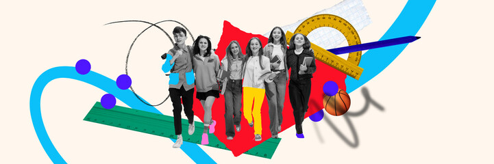 Happy teen group moving forward in rhythm, surrounded by rulers, shapes, sports ball and dynamic...