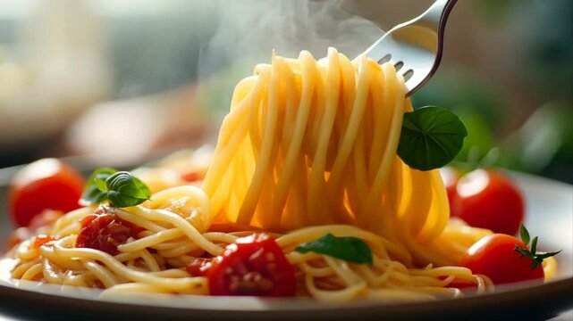 Delicious and enticing spaghetti twirled on a fork with fresh cherry tomatoes and fragrant basil leaves presented in a warm inviting setting